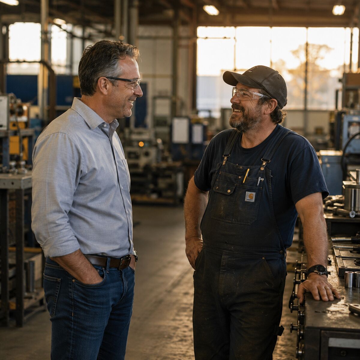 Boss and employee on manufacturing floor