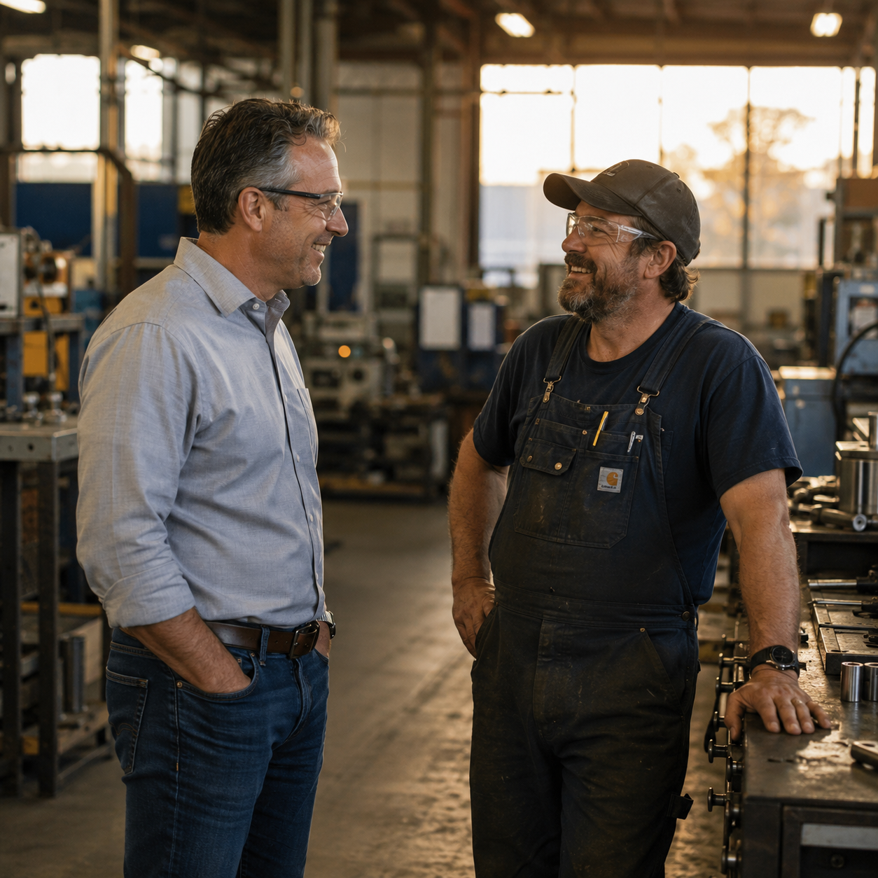 Boss and employee on manufacturing floor